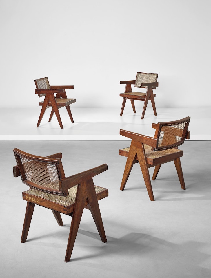Set of four “Office” armchairs, model no. PJ-SI-28-A, designed for the Architects Office, Secrétariat, and administrative buildings, Chandigarh by Pierre Jeanneret