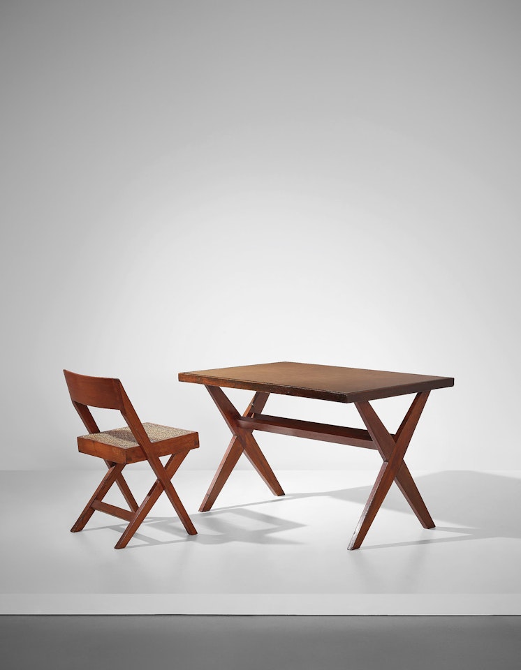 'Reading table', model no. PJ-TA-09-B, and 'Cane seat wood back' chair, model no. PJ-SI-51-A, designed for the High Court, Punjab University Library and Central State Library, Chandigarh by Pierre Jeanneret