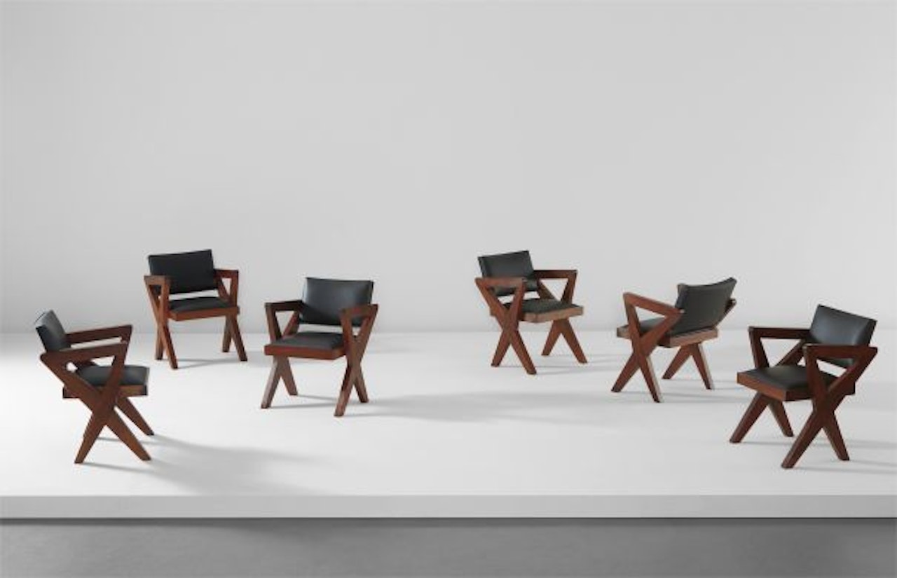 Set of six "Showroom" armchairs, model no. PJ-SI-49-A, possibly designed for the Tagore Theater, Punjab University, Chandigarh by Pierre Jeanneret