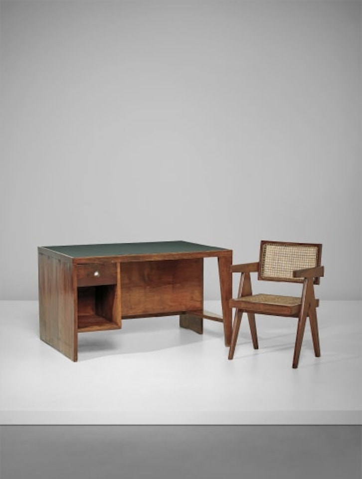 'Office table' desk with bookcase, model no. PJ-BU-02-A and 'Office Cane Chair', model no. PJ-SI-28-A, designed for the Secretariat and administrative buildings, Chandigarh by Pierre Jeanneret