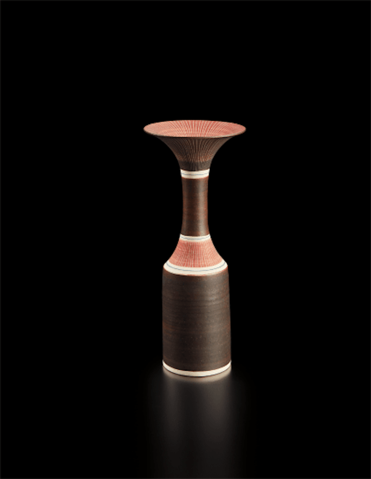 Bottle with cylindrical body and flaring lip by Lucie Rie