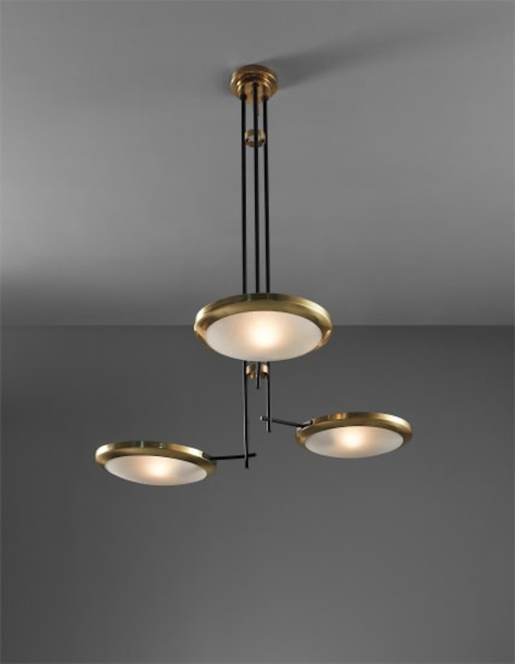 Unique large three-arm ceiling light, designed for the Cartoleria Adua, Milan by Stilnovo