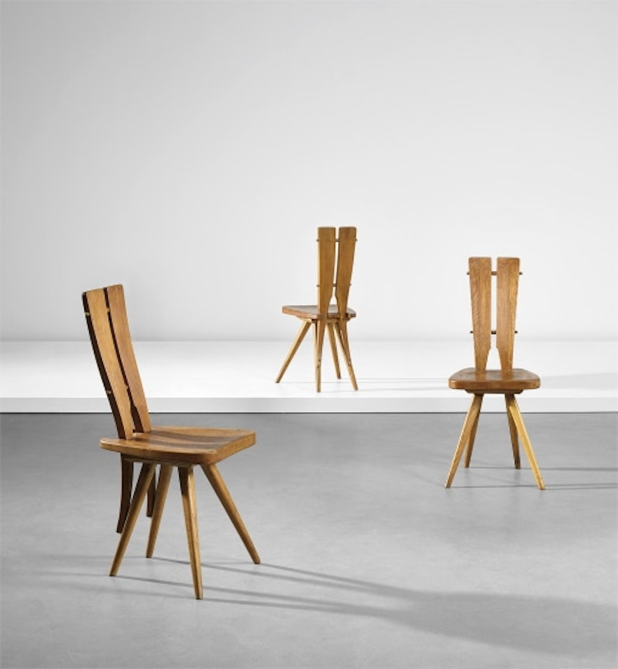 Set of three side chairs, designed for the Casa del Sole, Cervinia by Carlo Mollino