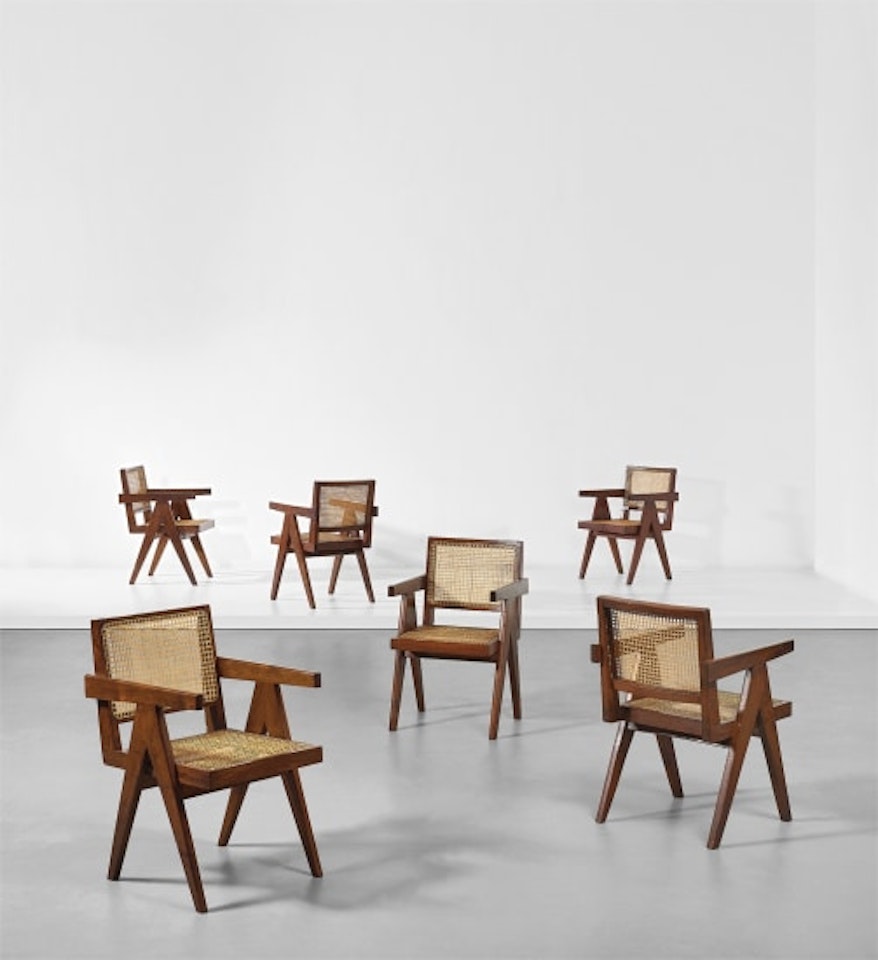 Set of six 'Office' armchairs, model no. PJ-SI-28-A, designed for the Architects Office, Secrétariat, and administrative buildings, Chandigarh by Pierre Jeanneret