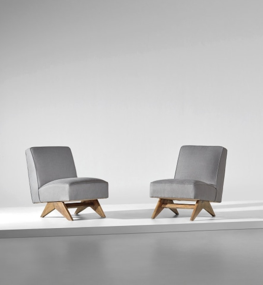 Pair of low chairs, model no. PJ-SI-36-A, designed for the High Court and P. U. Student residences, Chandigarh by Pierre Jeanneret