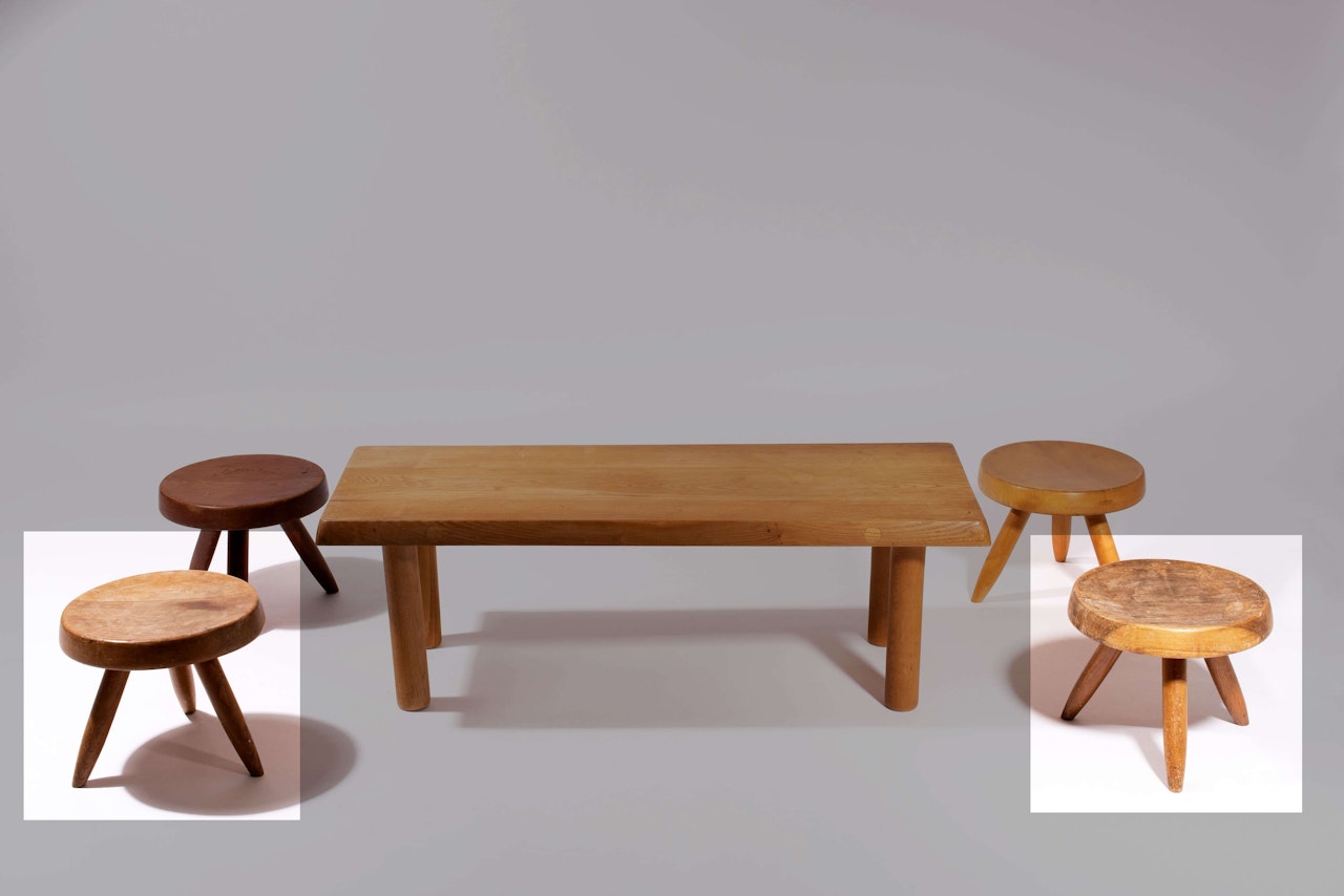 Paire de tabourets bas dits «Berger» by Charlotte Perriand