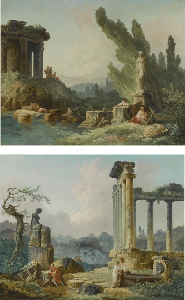 A WOMAN FISHING AND OTHER FIGURES BY ROMAN RUINS; WOMEN DRAWING WATER FROM A BASIN WHILE A MAN CONTEMPLATES A CLASSICAL STATUE by Hubert Robert