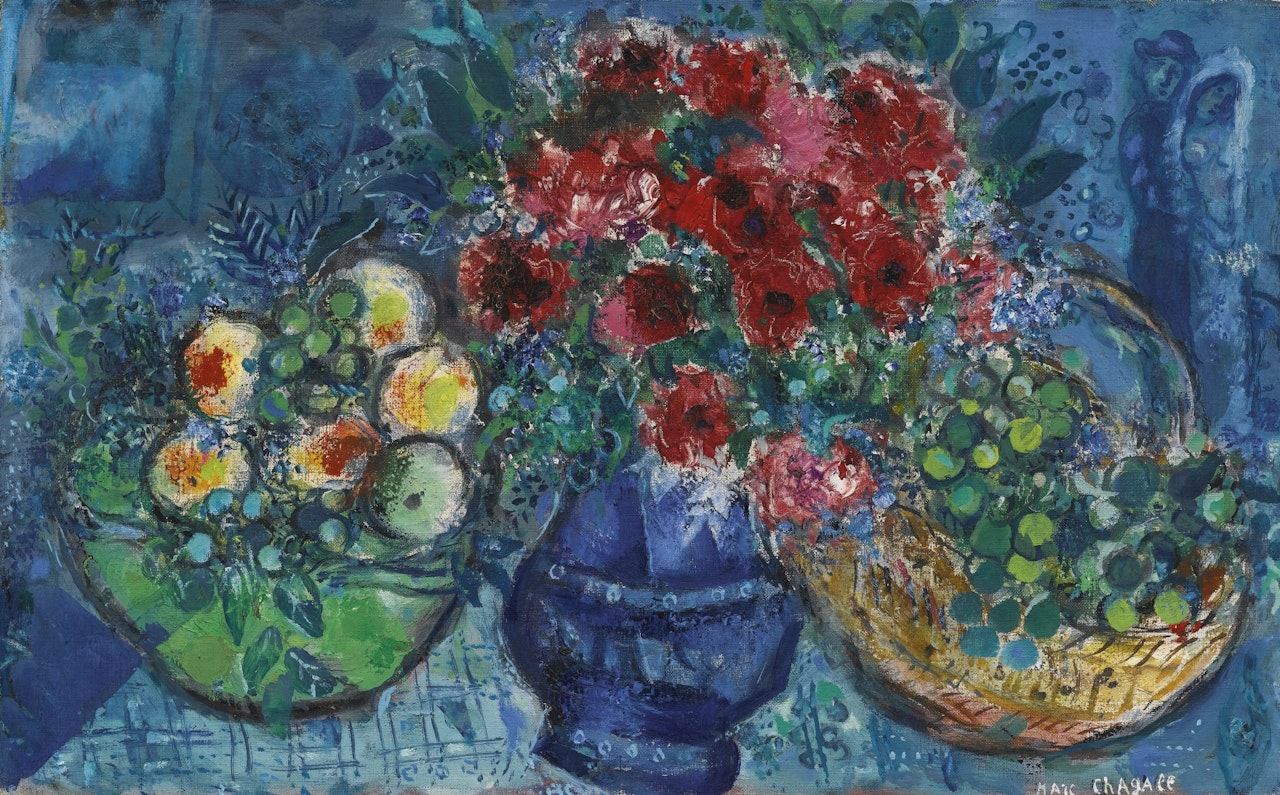 LE VASE BLEU AUX DEUX CORBEILLES DE FRUITS by Marc Chagall