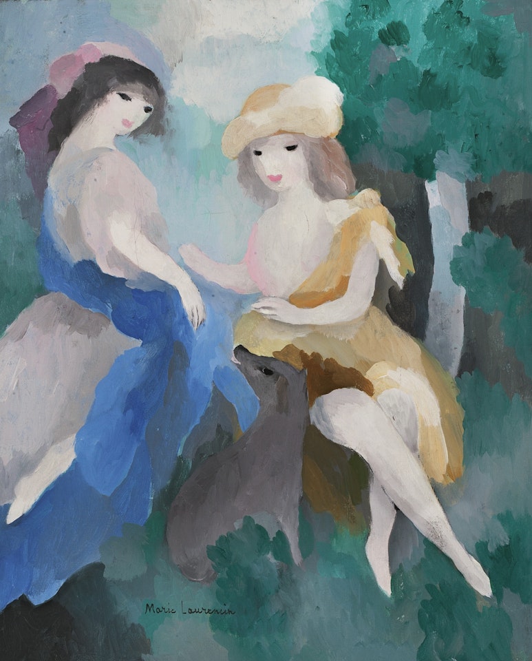 DEUX JEUNES FEMMES AU CHIEN EN FORÊT by Marie Laurencin