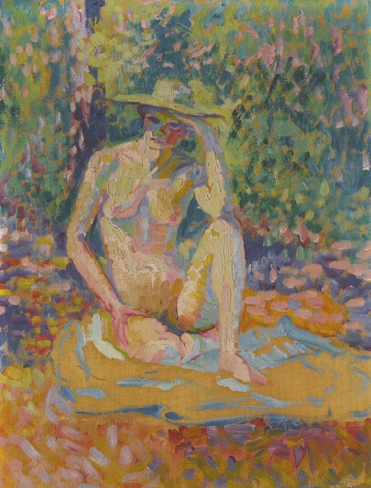 ÉTUDE POUR NYMPHES: FEMME AU CHAPEAU, NU EN PLEIN AIR by Henri Edmond Cross