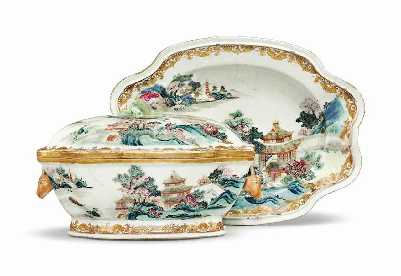 A ROSE-VERTE SOUP TUREEN, COVER AND STAND by Anonymous