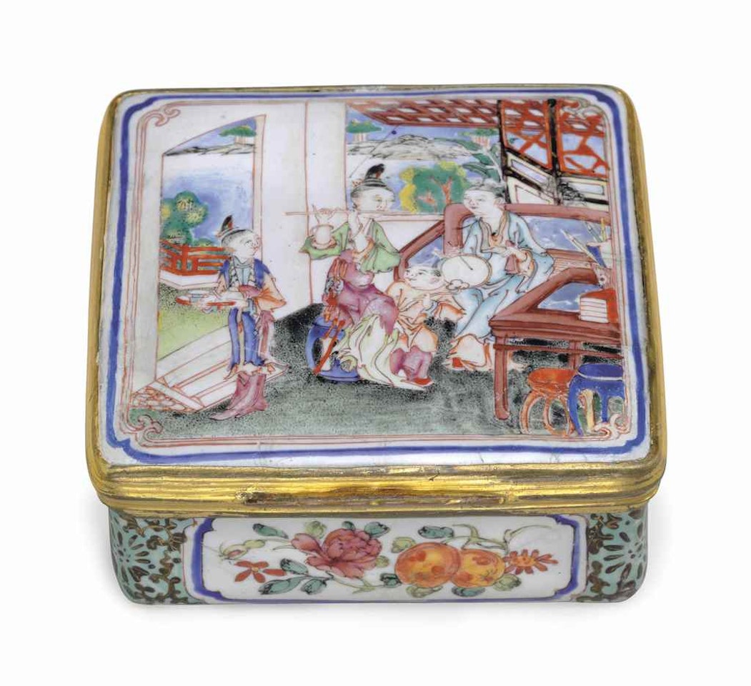 A SQUARE PAINTED ENAMEL SNUFF BOX by Anonymous