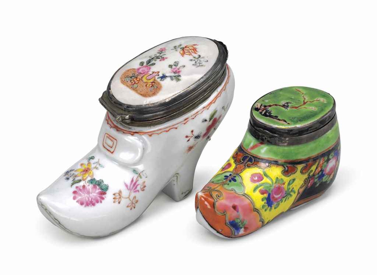 TWO SHOE-FORM PORCELAIN SNUFF BOXES by Anonymous