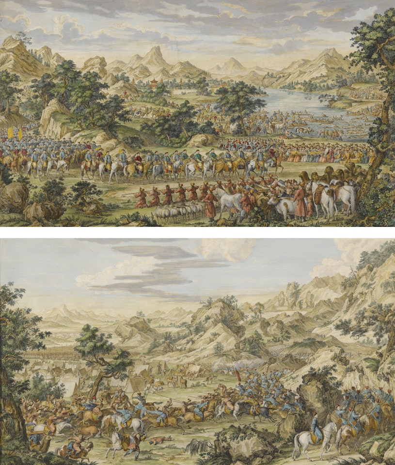 TWO COLORED COPPER-PLATE ENGRAVINGS OF THE CONQUESTS OF THE QIANLONG EMPEROR by Anonymous