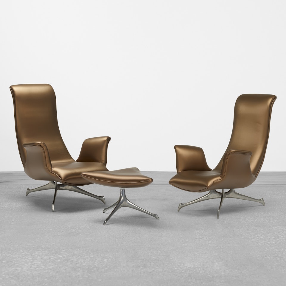 Tri-symmetric wing armchairs model 503 and ottoman, model 504 by Vladimir Kagan