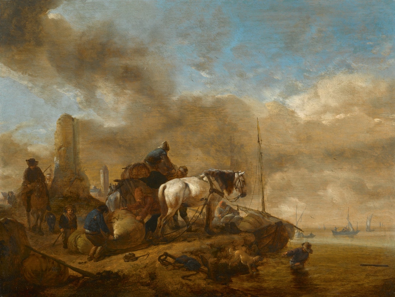 FIGURES AND HORSES ON THE SHORE, WITH SAILING BOATS BEYOND by Philips Wouwerman