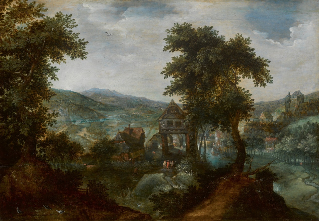 A WOODED LANDSCAPE WITH HUNTERS BY A VILLAGE by Attributed to Gillis van Coninxloo