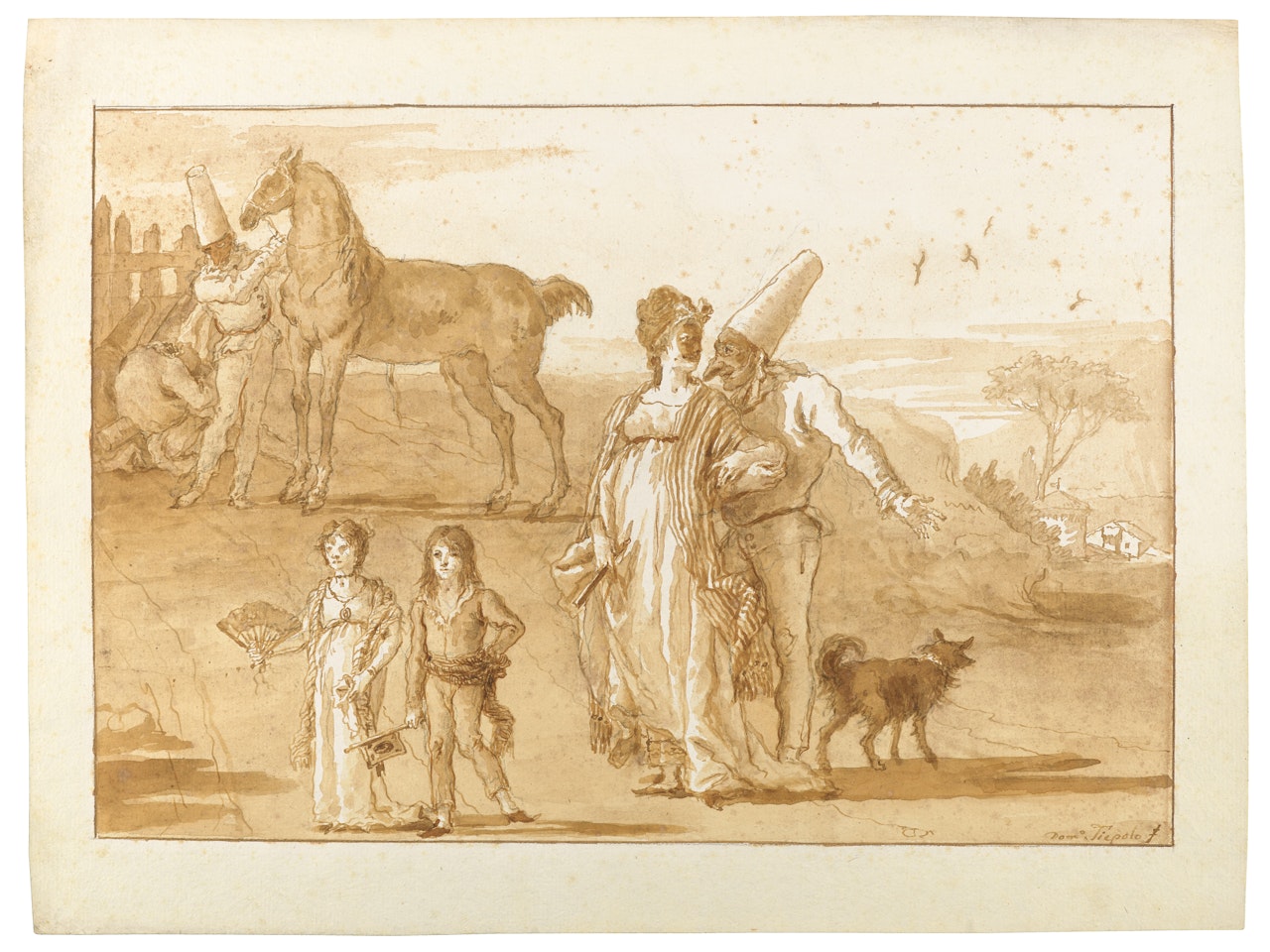 Polichinelle en compagnie d’une dame, avec deux enfants et un cheval by Giovanni Domenico Tiepolo