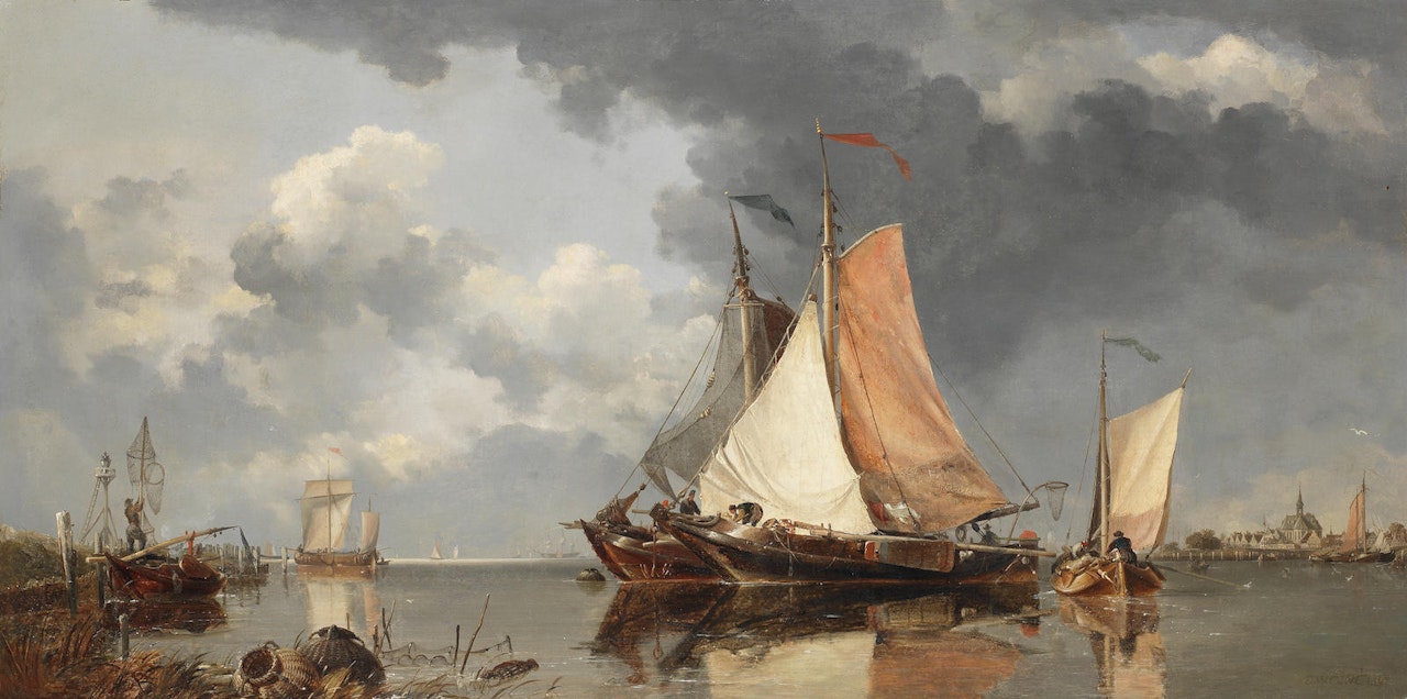 Zuider Zee fishing craft drying nets in the harbour of Spaarndam by Edward William Cooke