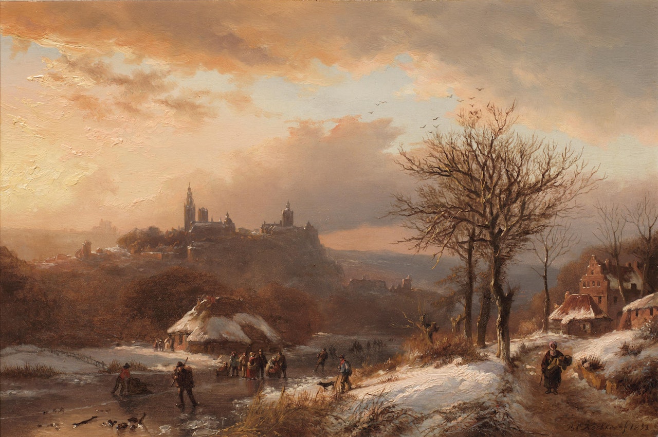 A winter landscape with a view of Cleves in the distance by Barend Cornelis Koekkoek
