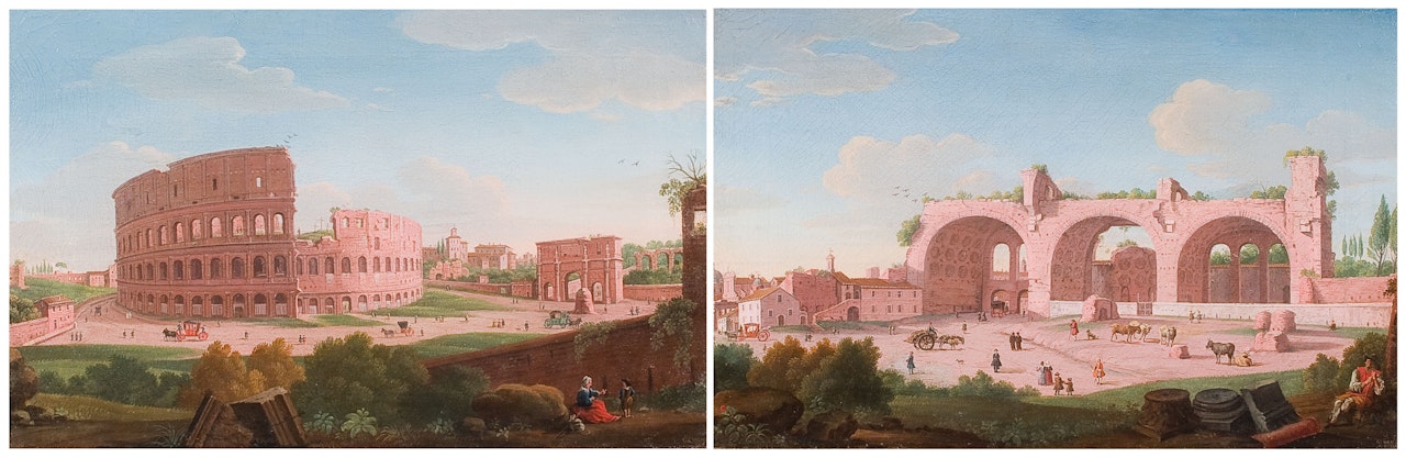 A View of the Colosseum, Rome, with Figures and Carriages; and A View of the Basilica of Maxentius, Rome, with Figures and Carriages by Giacomo van Lint