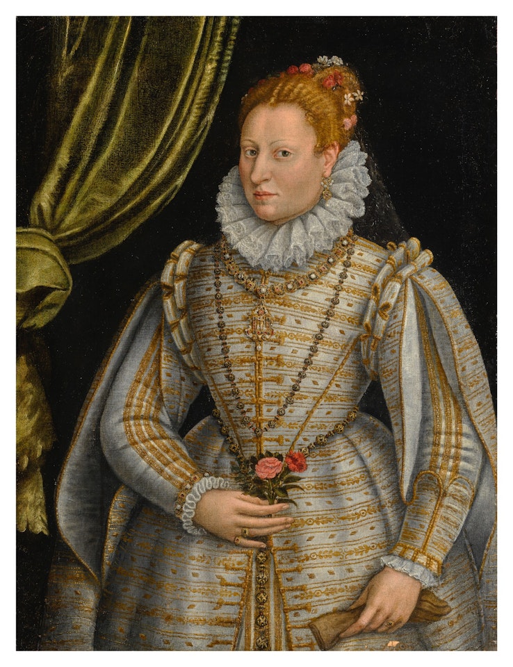 PORTRAIT OF A LADY, THREE-QUARTER LENGTH, DRESSED IN A WHITE AND GOLD EMBROIDERED GOWN, HOLDING A GLOVE IN ONE HAND AND A ROSE AND A PINK IN THE OTHER by Lavinia Fontana