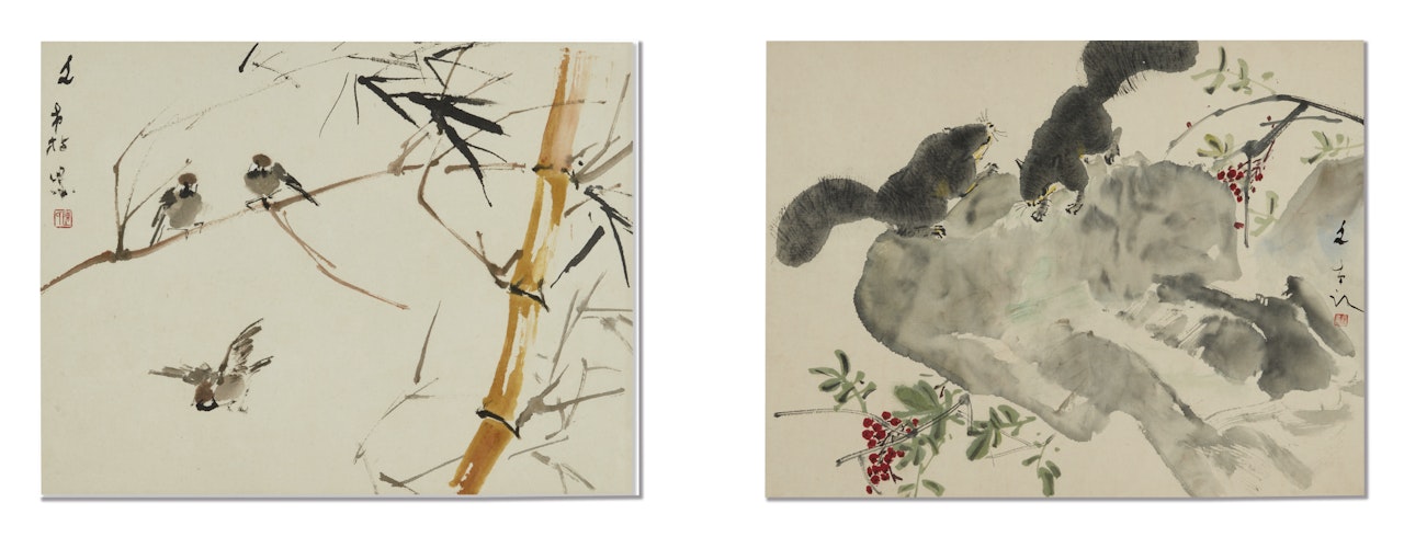 (I) PAIR OF SQUIRRELS ON ROCK(II) SPARROWS by Chen Wen Hsi
