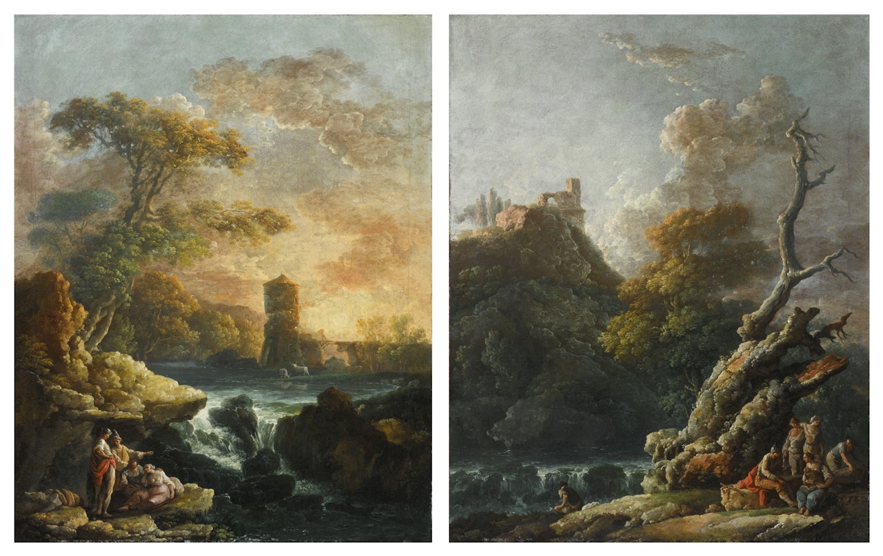 TWO ARCADIAN RIVER LANDSCAPES WITH WATERFALLS AND FIGURES IN THE FOREGROUND by Carlo Bonavia