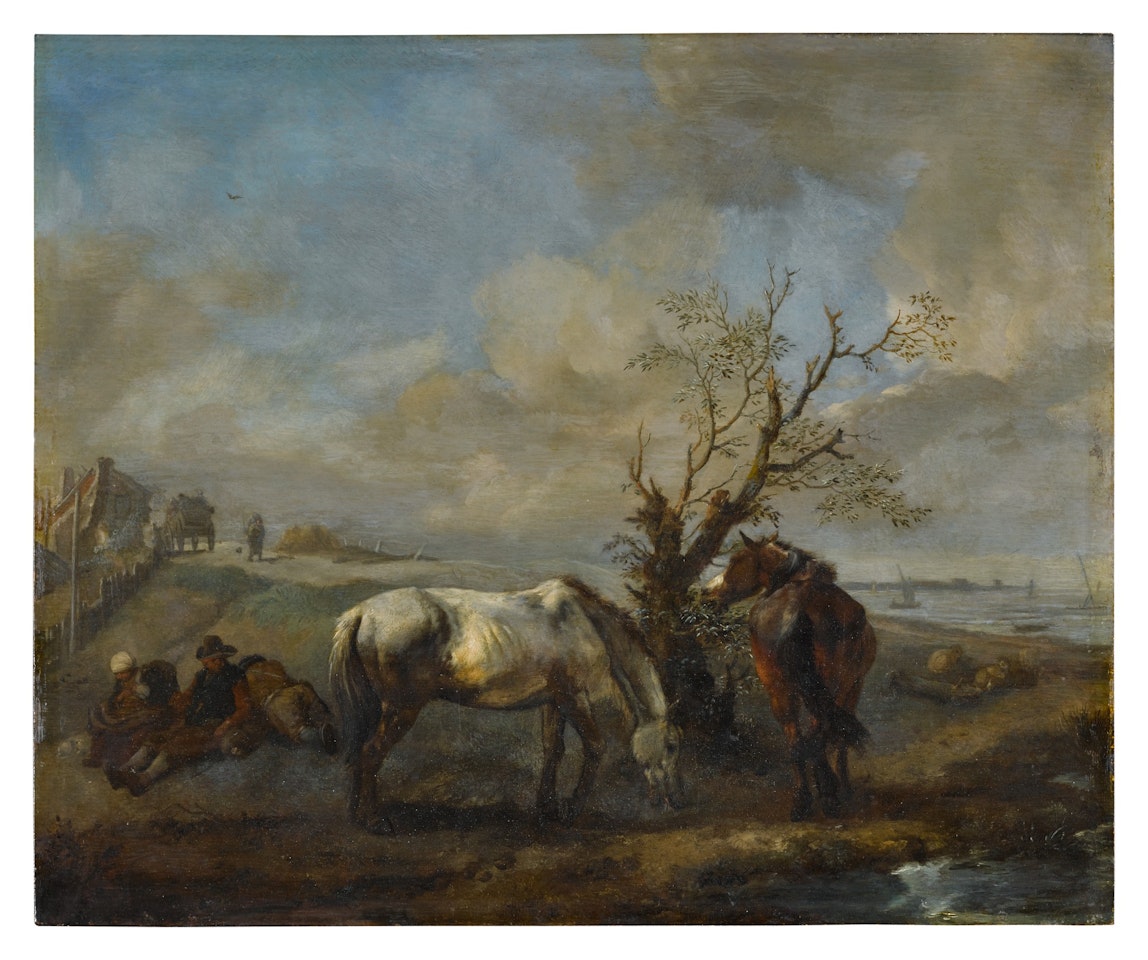 TWO HORSES RESTING BY A TREE AND A STREAM, WITH SEATED TRAVELERS NEARBY by Philips Wouwerman
