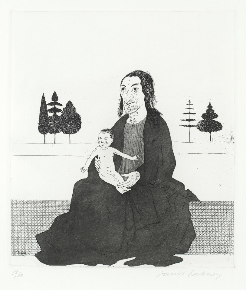 The Enchantress with the Baby Rapunzel, from 'Illustrations for Six Fairy Tales from the Brothers Grimm' (MCA Tokyo 80;  Scottish Arts Council 83) by David Hockney
