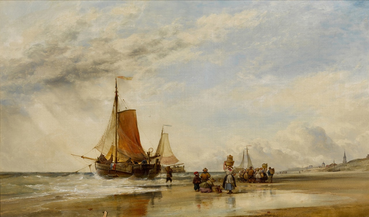 DUTCH PINKS ASHORE, SCHEVENINGEN by Edward William Cooke