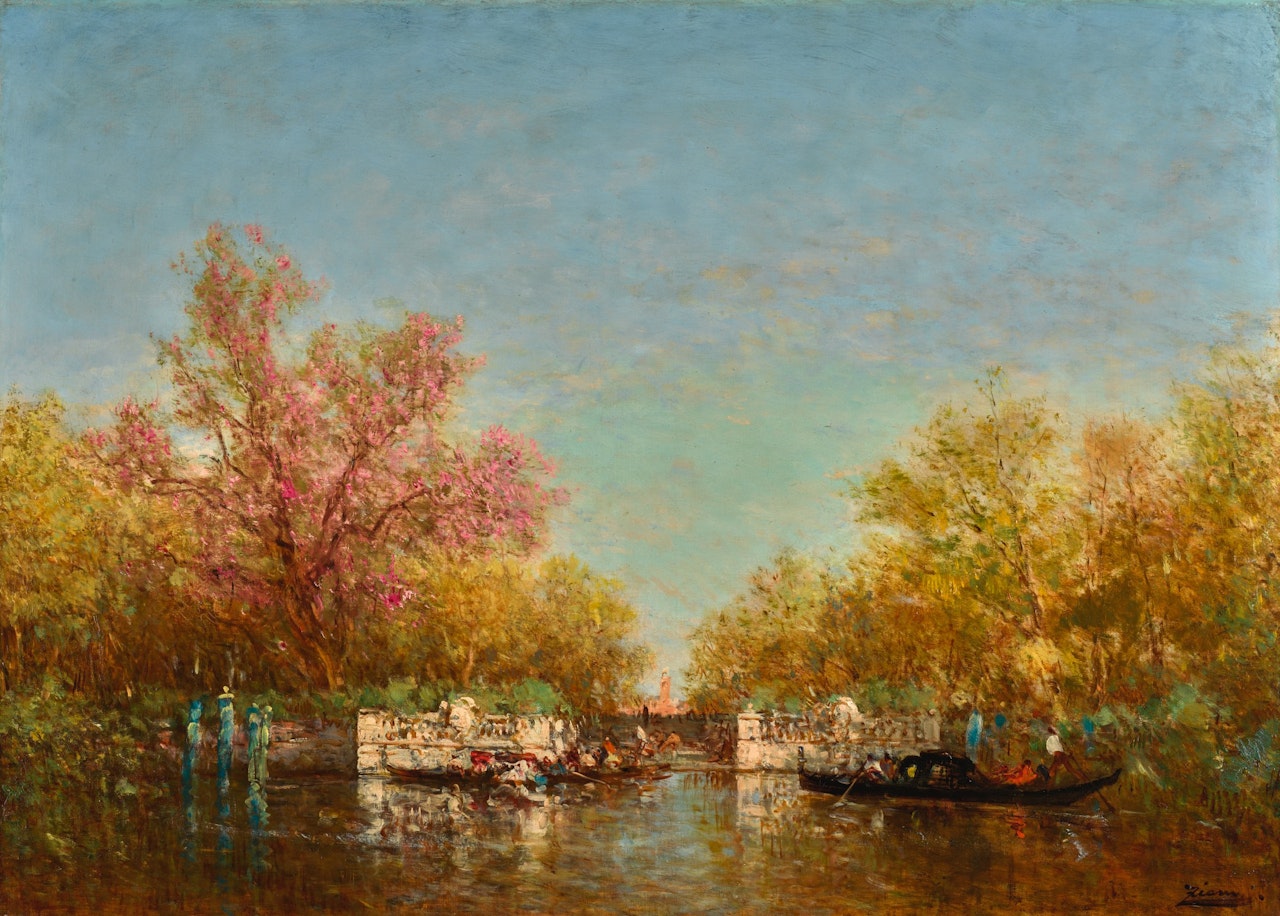 GONDOLES DEVANT LES JARDINS FRANÇAIS, VENISE by Félix Ziem