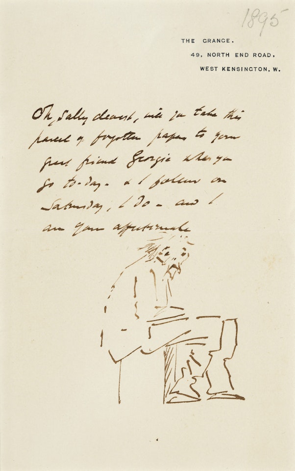 A self-portrait in caricature; A chicken regarding a worm; and A cat watching a bird by Edward Coley Burne-Jones