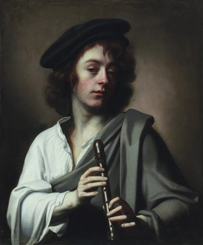 Allegory of hearing - a young man with a recorder by French School