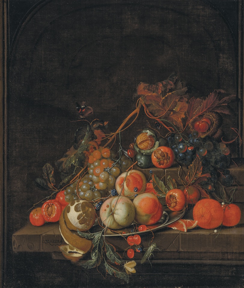 Peaches, grapes, oranges, a partially peeled lemon, medlars and other fruit on a two-tiered stone ledge, with nuts, a grasshopper and a butterfly before a niche by Cornelis de Heem
