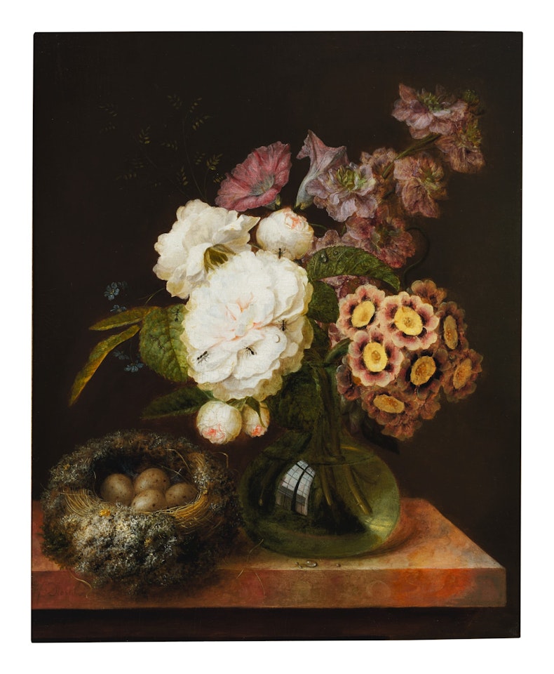 BOUQUET OF FLOWERS IN A VASE AND A BIRD’S NEST ON A MARBLE TABLE by GEORGES FRÉDÉRIC ZIESEL