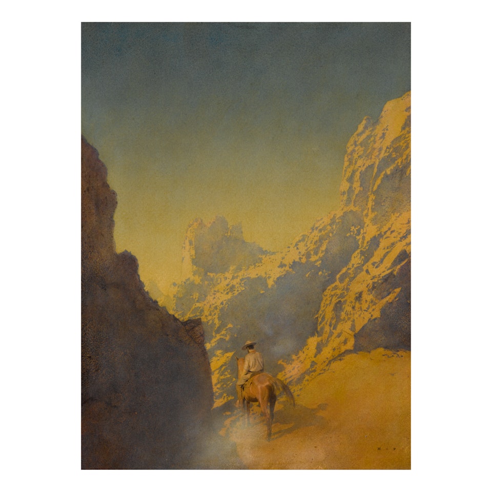 THE RAWHIDE PART III, HE SWUNG HIMSELF INTO THE SADDLE AND RODE AWAY by Maxfield Parrish