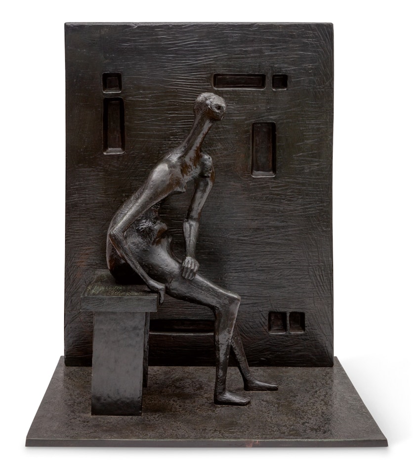 GIRL SEATED AGAINST SQUARE WALL  by Henry Moore