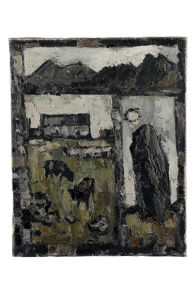 Welsh landscape with monolith by Kyffin Williams
