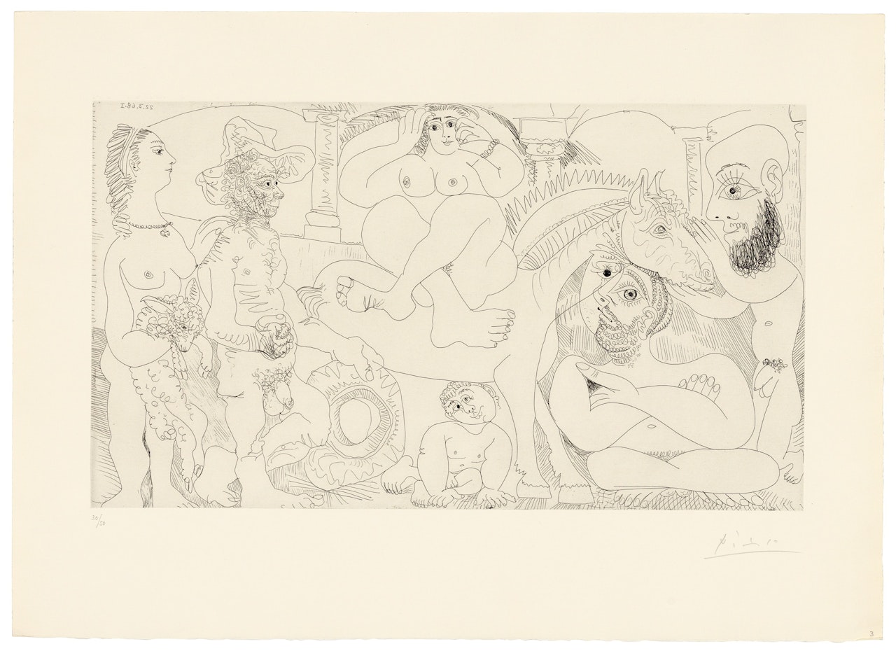 Groupe avec femme à l'agneau, odalisque-écuyère et autoportrait en garagiste, from: Series 347 by Pablo Picasso