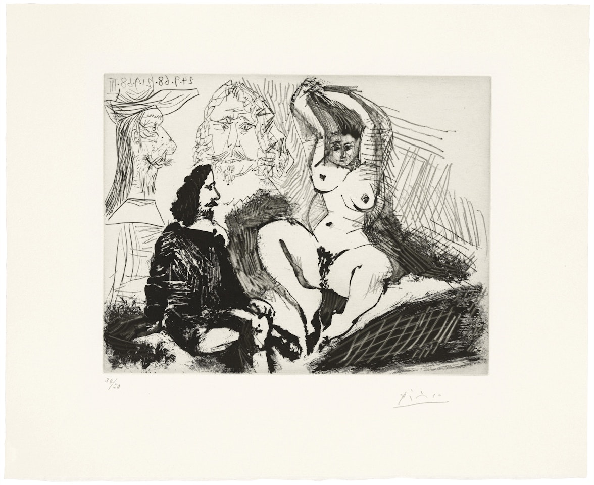 Homme assis auprès d'une femme coiffant, avec, derrière, deux peintres, from: La Série 347 by Pablo Picasso