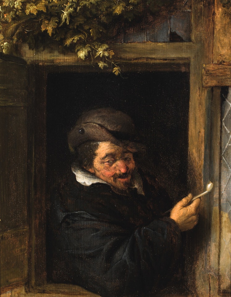 A PEASANT IN A WINDOW SMOKING A PIPE by Adriaen van Ostade