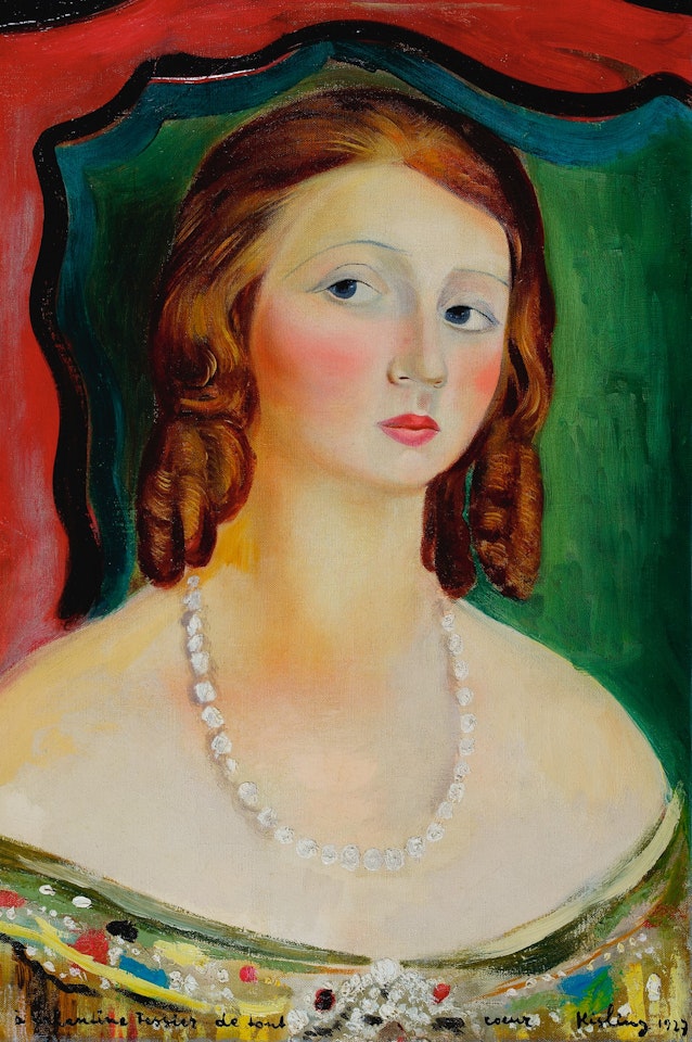 PORTRAIT DE VALENTINE TESSIER (PORTRAIT DE FEMME DEVANT UN RIDEAU DE SCÈNE) by Moïse Kisling