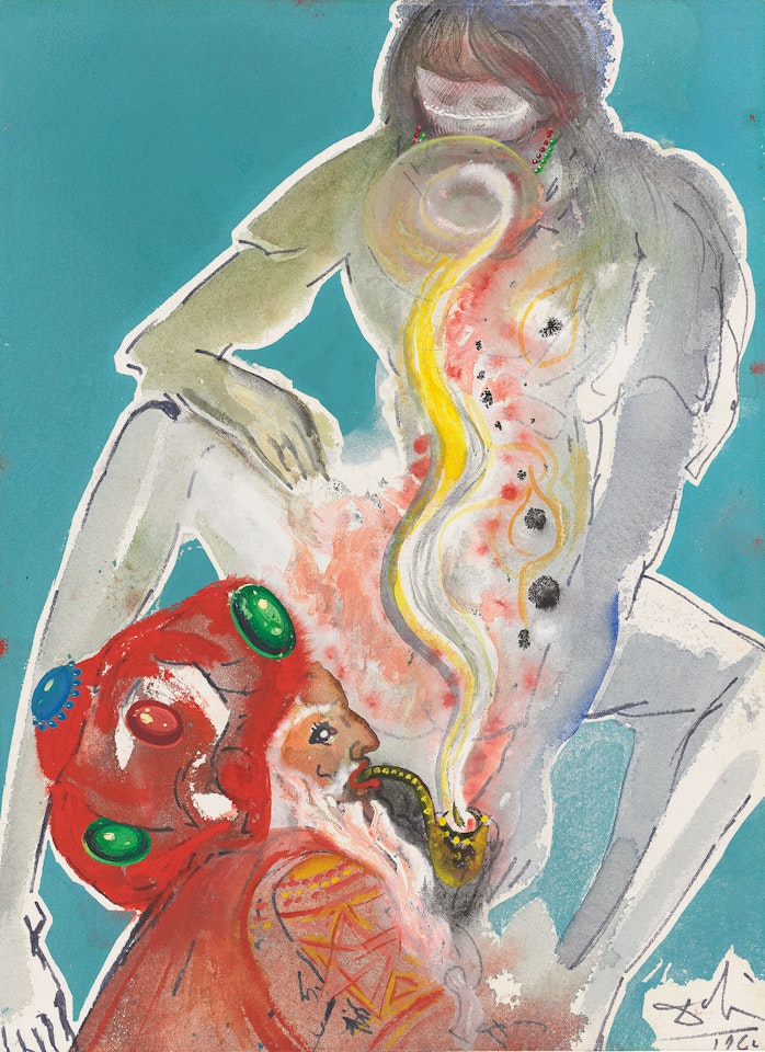 Sultan fumant le narguilé et figure féminin pour le projet d'illustration de l'ouvrage Les Mille et Une Nuits by Salvador Dali