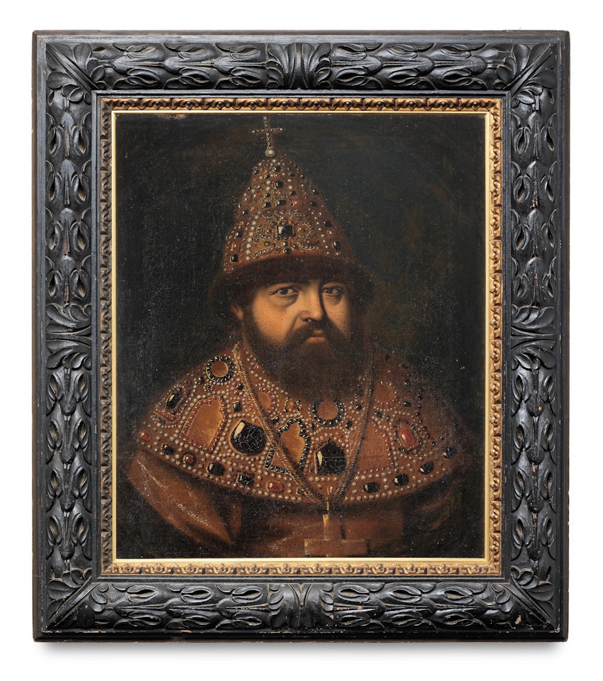 Portrait of Tsar Alexis I bust-length in bejewelled costume within a painted oval by Russian School