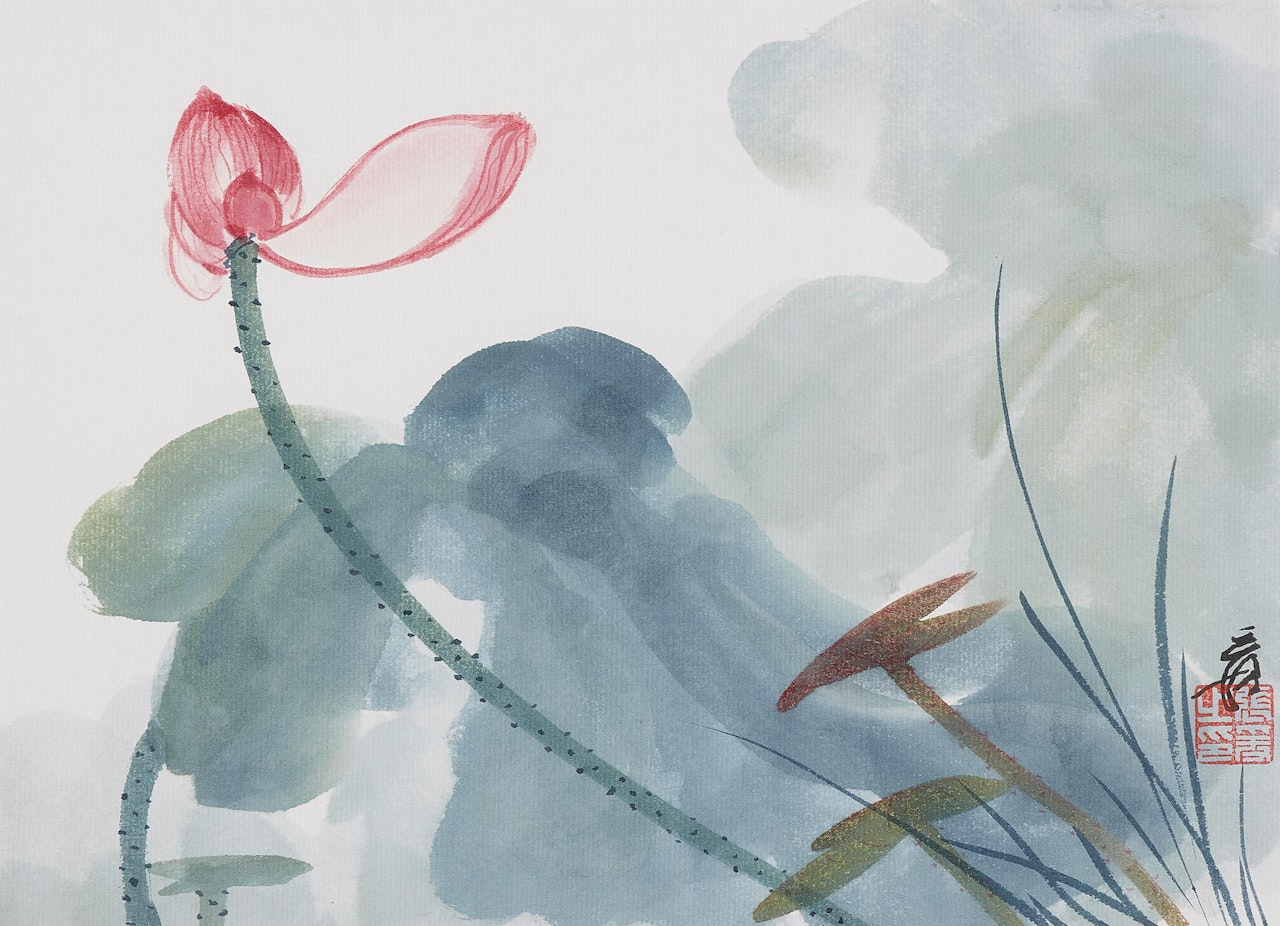 Two Woodblock Prints of Peony and Lotus by Zhang Daqian