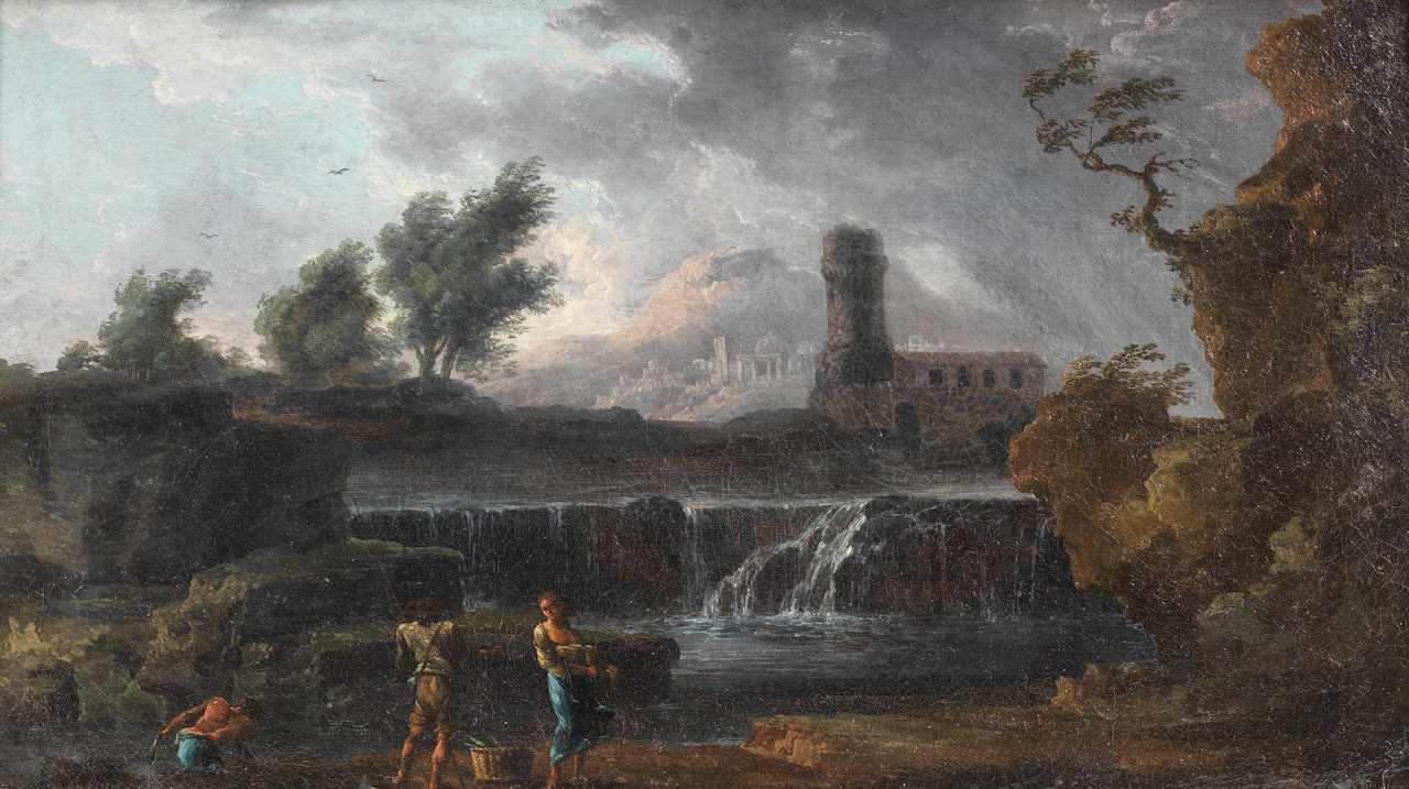 Figures before a waterfall; and Shipping in a stormy sea by Carlo Bonavia