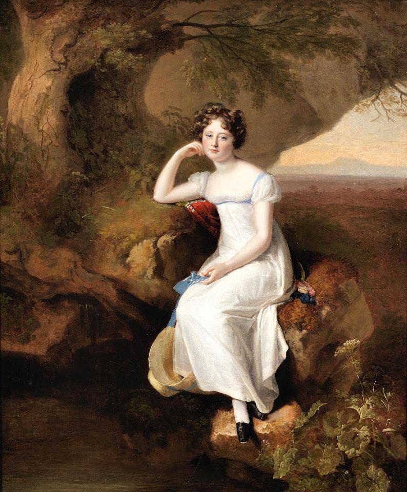 Portrait of Elizabeth Broadhead, later Lady Dashwood, full-length, in a white dress and seated beside a stream by Firmin Massot