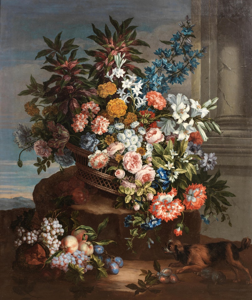 Still life of a basket of flowers by a column in a landscape with a King Charles spaniel by Jean Baptiste Monnoyer