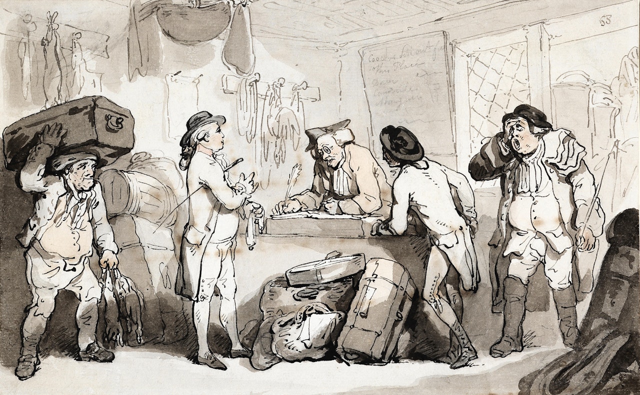 The coach booking office, the artist and Henry Wigstead paying their fares by Thomas Rowlandson